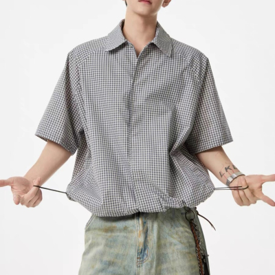 黑白小格子短袖衬衫男夏季纯棉