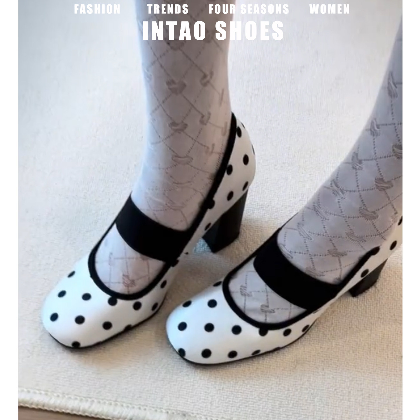 白色绝美波点高跟鞋女粗跟2026春季新款法式松紧带圆头玛丽珍单鞋