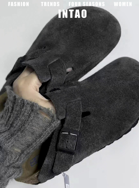 真牛皮厚底勃肯鞋女2026春季新款软木博肯鞋一脚蹬半包头复古单鞋