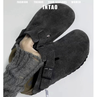 真牛皮厚底勃肯鞋女2026春季新款软木博肯鞋一脚蹬半包头复古单鞋