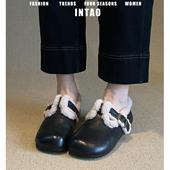 黑色内增高毛毛勃肯鞋 复古单鞋 全包女冬加绒2025新款 深口豆豆棉鞋