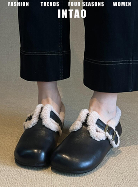 黑色内增高毛毛勃肯鞋全包女冬加绒2025新款深口豆豆棉鞋复古单鞋