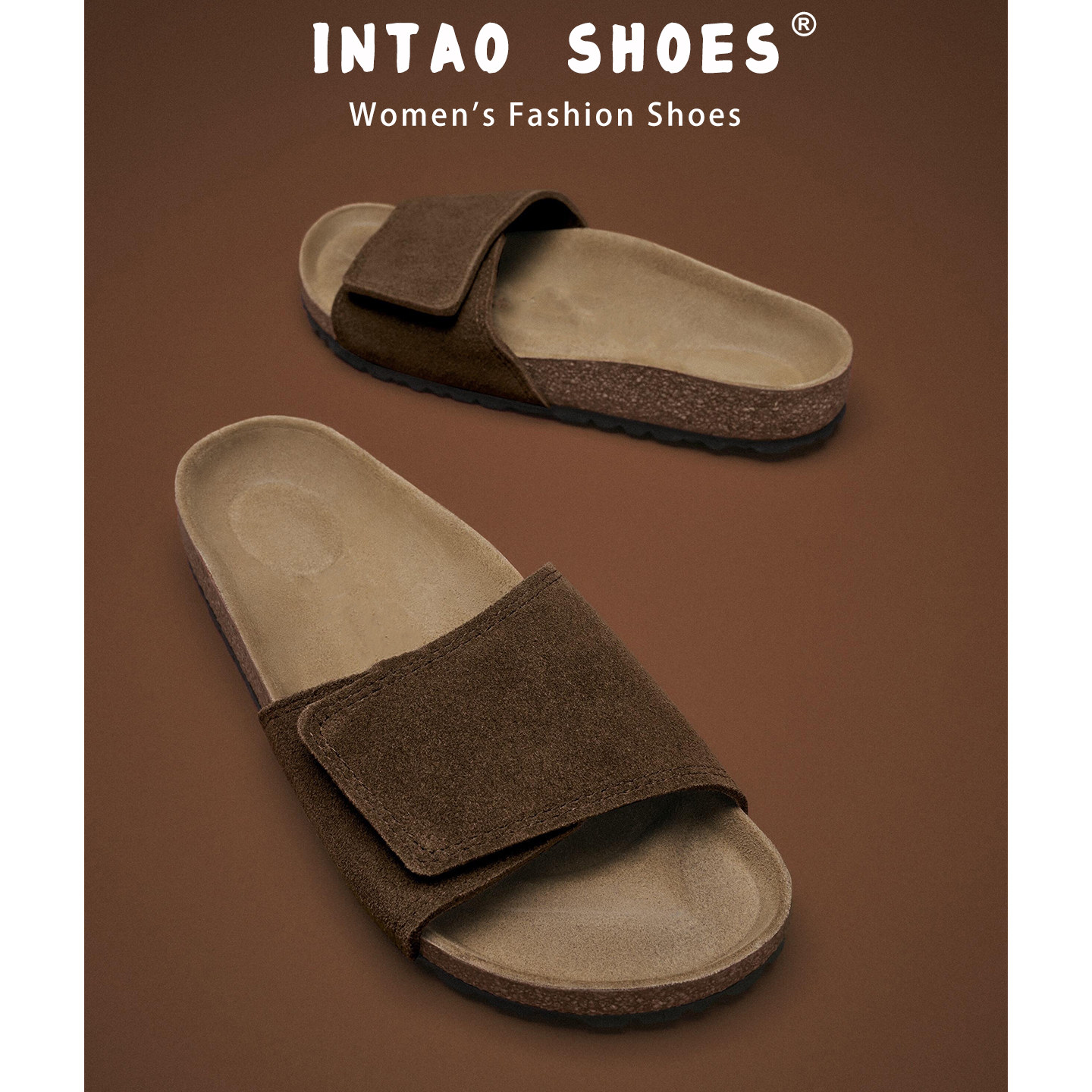 复古一脚蹬大码勃肯拖鞋41-44男女同款魔术贴软木厚底博肯凉拖鞋