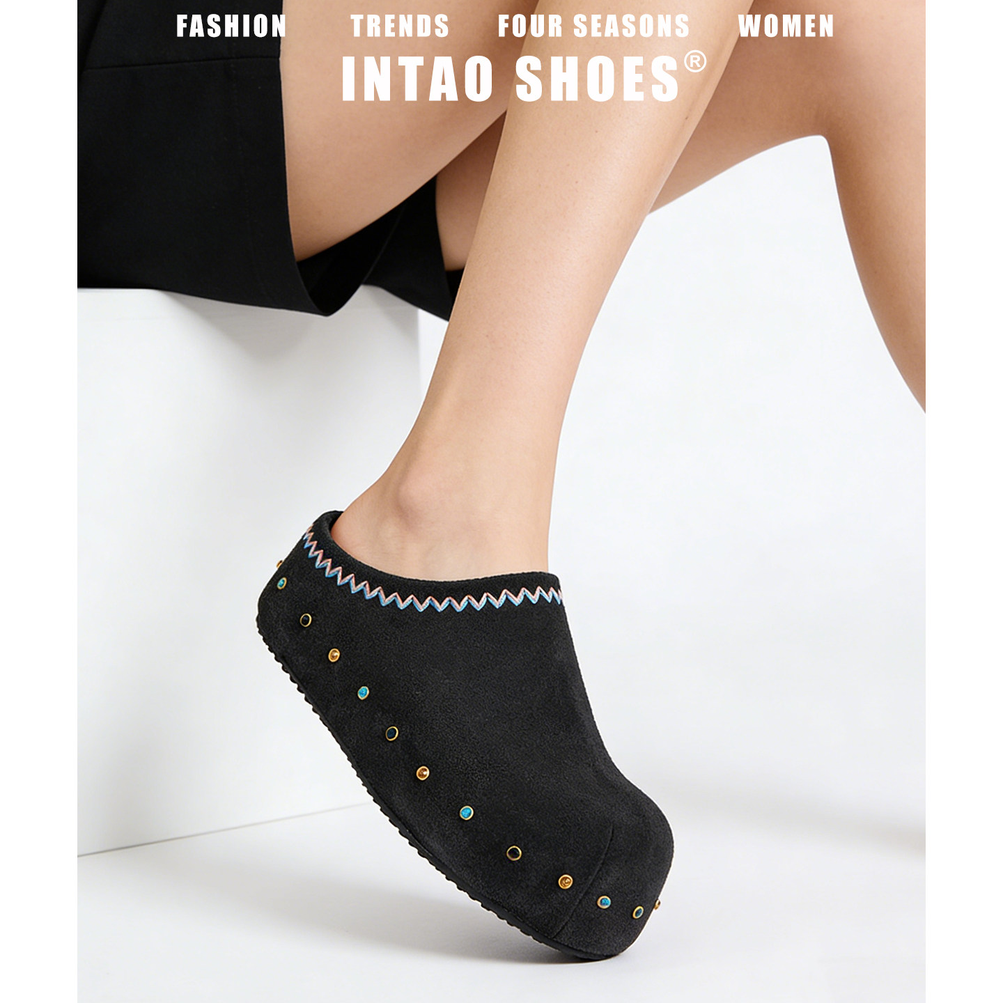 设计感小众水钻刺绣厚底增高6CM勃肯鞋半拖女包头内增高博肯鞋子