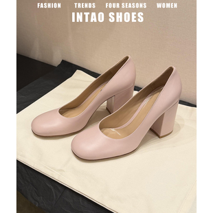 羊皮版~小个子粉色高跟鞋女粗跟2026早春新款一脚蹬法式浅口单鞋