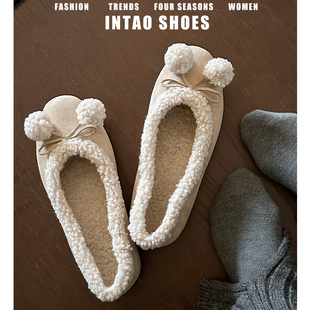 法式蝴蝶结毛毛芭蕾鞋女冬季外穿2025新款一脚蹬加绒棉鞋平底单鞋