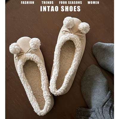 法式蝴蝶结毛毛芭蕾鞋女冬外穿