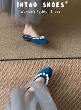小众蓝色丝绒内增高包头半拖鞋女夏外穿一脚蹬法式珍珠玛丽珍凉拖
