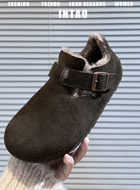 牛皮版~摩卡色内增高勃肯鞋全包女冬加绒厚底保暖深口毛毛棉单鞋