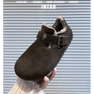 牛皮版~摩卡色内增高勃肯鞋全包女冬加绒厚底保暖深口毛毛棉单鞋