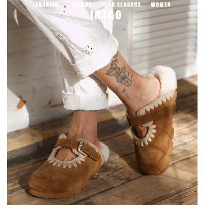 绝美棕色刺绣勃肯鞋女秋冬加绒