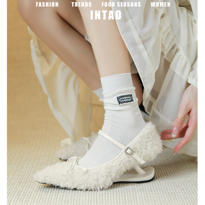 白色一字带玛丽珍毛毛鞋女秋冬