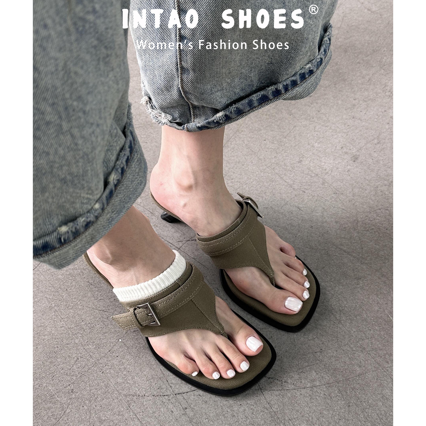 军绿色牛仔布夹趾拖鞋女夏季外穿2026新款小众设计高跟法式小凉拖