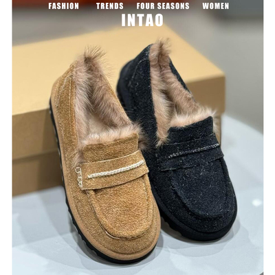 灰色豆豆加绒英伦风乐福鞋女秋冬