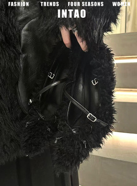 黑色法式超火玛丽珍毛毛鞋女秋冬加绒2025新款外穿尖头坡跟高跟鞋