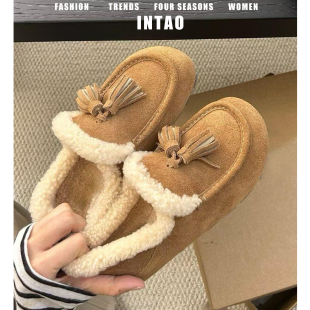 厚底单鞋 一脚蹬深口棉鞋 女冬加绒外穿2025新款 复古流苏豆豆毛毛鞋