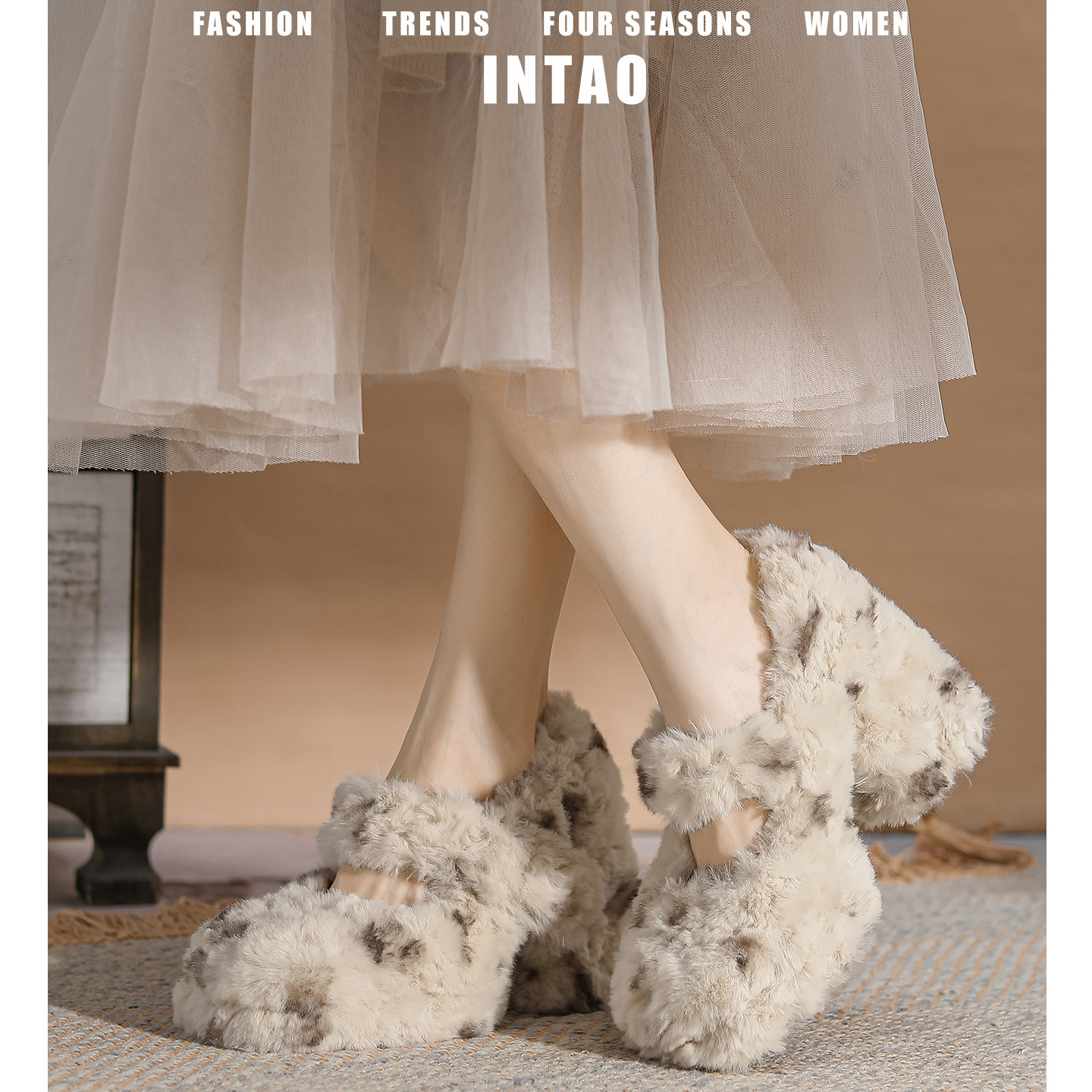 绝美斑点玛丽珍毛毛鞋女秋冬加绒小个子高跟鞋女粗跟外穿保暖单鞋