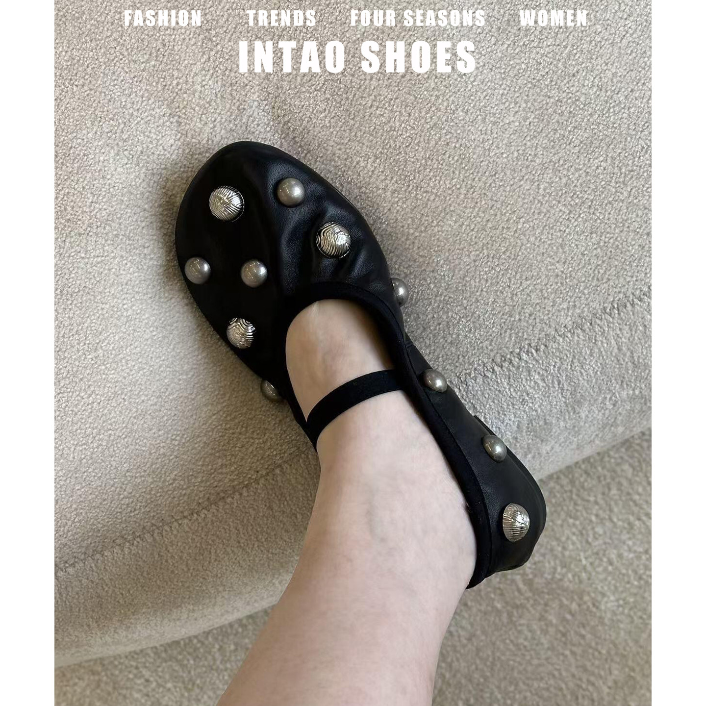 黑色复古铆钉金属玛丽珍鞋女平底2026春季新款浅口小众朋克风单鞋