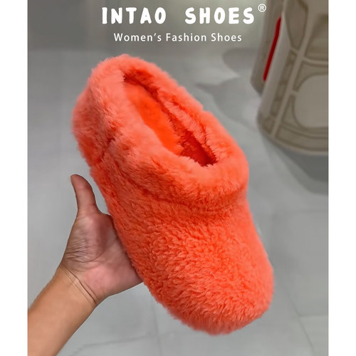 超火橙色包头厚底毛毛鞋女加绒