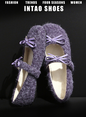 紫色绝美巨好看的玛丽珍毛毛鞋女加绒2025新款平底蝴蝶结芭蕾单鞋