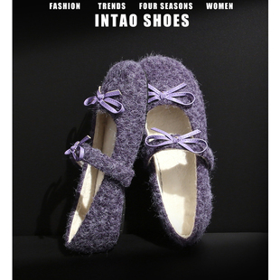 平底蝴蝶结芭蕾单鞋 女加绒2025新款 玛丽珍毛毛鞋 紫色绝美巨好看