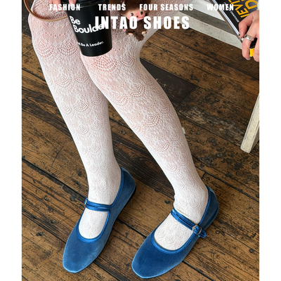 巨好看蓝色丝绒单鞋女外穿平底