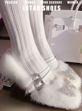 法式方头毛绒玛丽珍单鞋女粗跟2025冬季新款蝴蝶结白色加绒高跟鞋