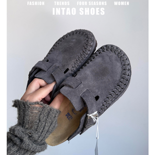 真牛皮~灰色编织厚底勃肯拖鞋女外穿2026春季新款复古包头博肯鞋