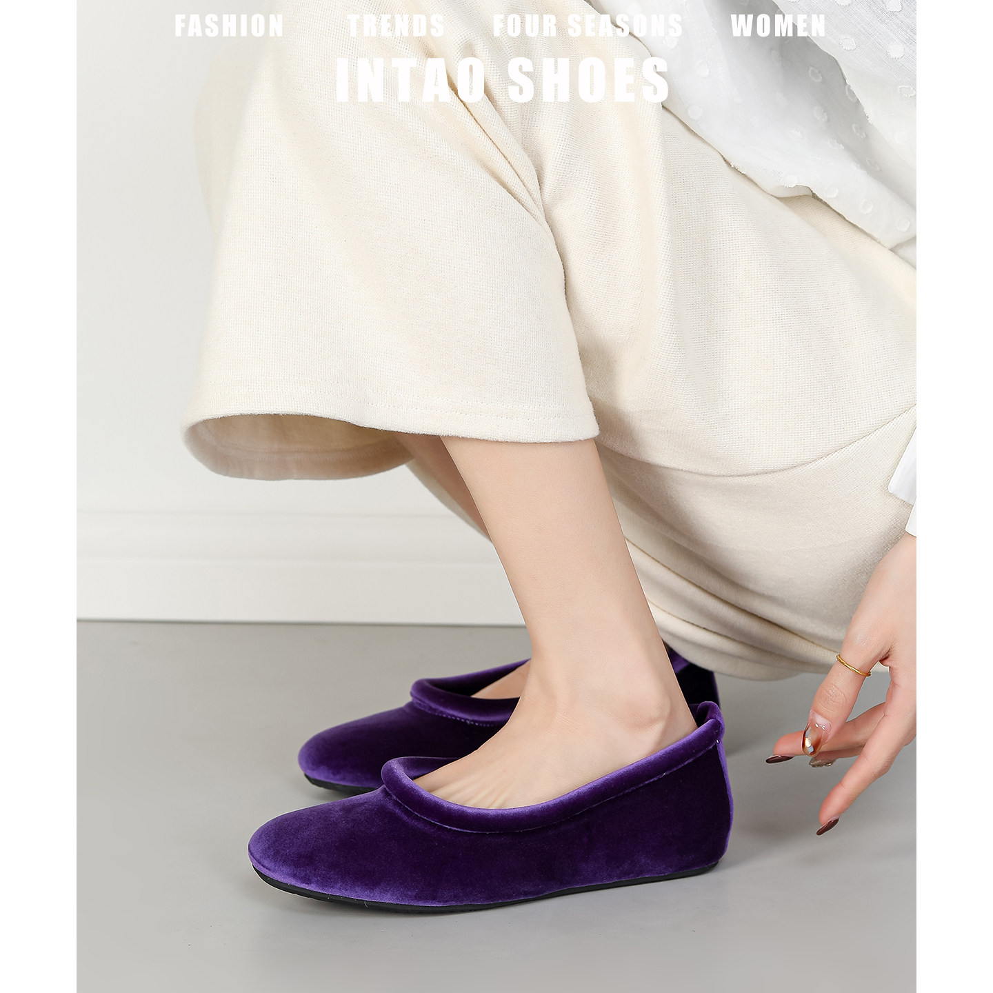 法式紫色单鞋女设计感小众气质名媛一脚蹬圆头浅口丝绒平底奶奶鞋