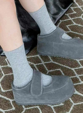 灰色松糕厚底玛丽珍毛毛鞋女冬外穿加绒2025新款小个子内增高单鞋