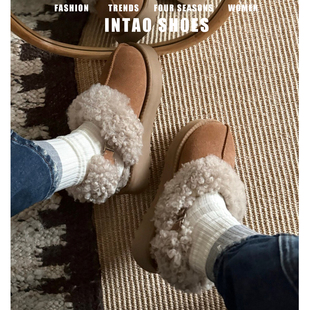 棕色松糕厚底羊羔毛毛鞋女冬季外穿加绒棉鞋包头内增高东北雪地鞋