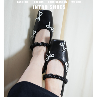 法式黑色珍珠蝴蝶结芭蕾单鞋女平底2026春季新款方头浅口玛丽珍鞋