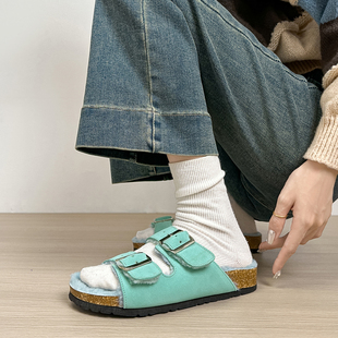 绿色毛毛拖鞋女外穿高级感2024秋冬新款加绒厚底勃肯鞋一脚蹬棉鞋