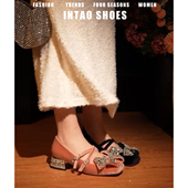 女粗跟2026春季 新款 交叉带法式 绝美粉色水钻蝴蝶结高跟鞋 丝绒单鞋