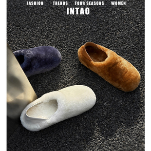 4cm内增高羊羔毛勃肯鞋女冬加绒一脚蹬包头棉鞋踩跟两穿毛绒单鞋