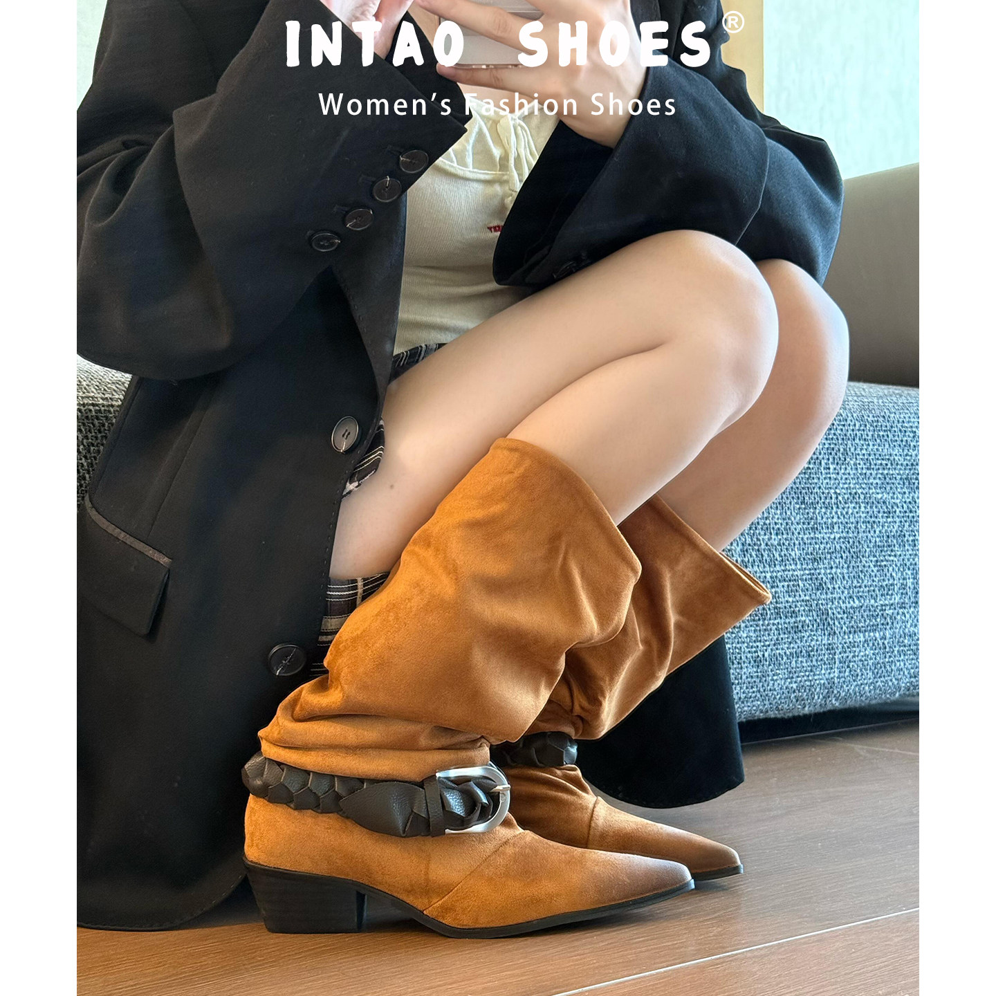 复古编织皮带扣显瘦堆堆长靴女