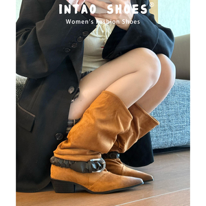 复古编织皮带扣显瘦堆堆长靴女
