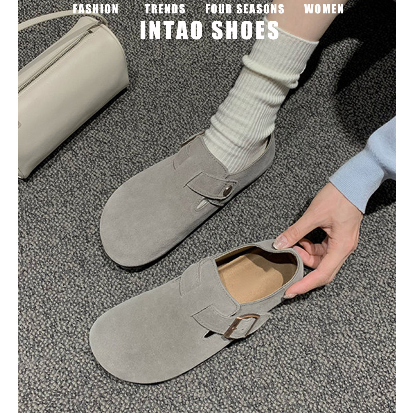 超火灰色内增高全包勃肯鞋女2026年春季新款厚底深口复古圆头单鞋