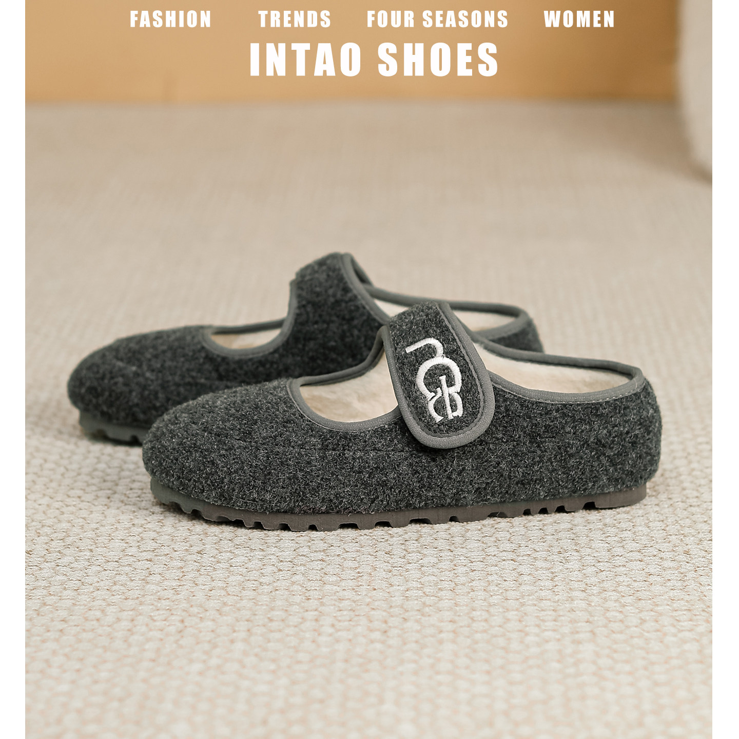 深灰色高级感玛丽珍毛毛鞋女冬外穿时尚平底加绒棉鞋法式刺绣单鞋