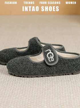 深灰色高级感玛丽珍毛毛鞋女冬外穿时尚平底加绒棉鞋法式刺绣单鞋