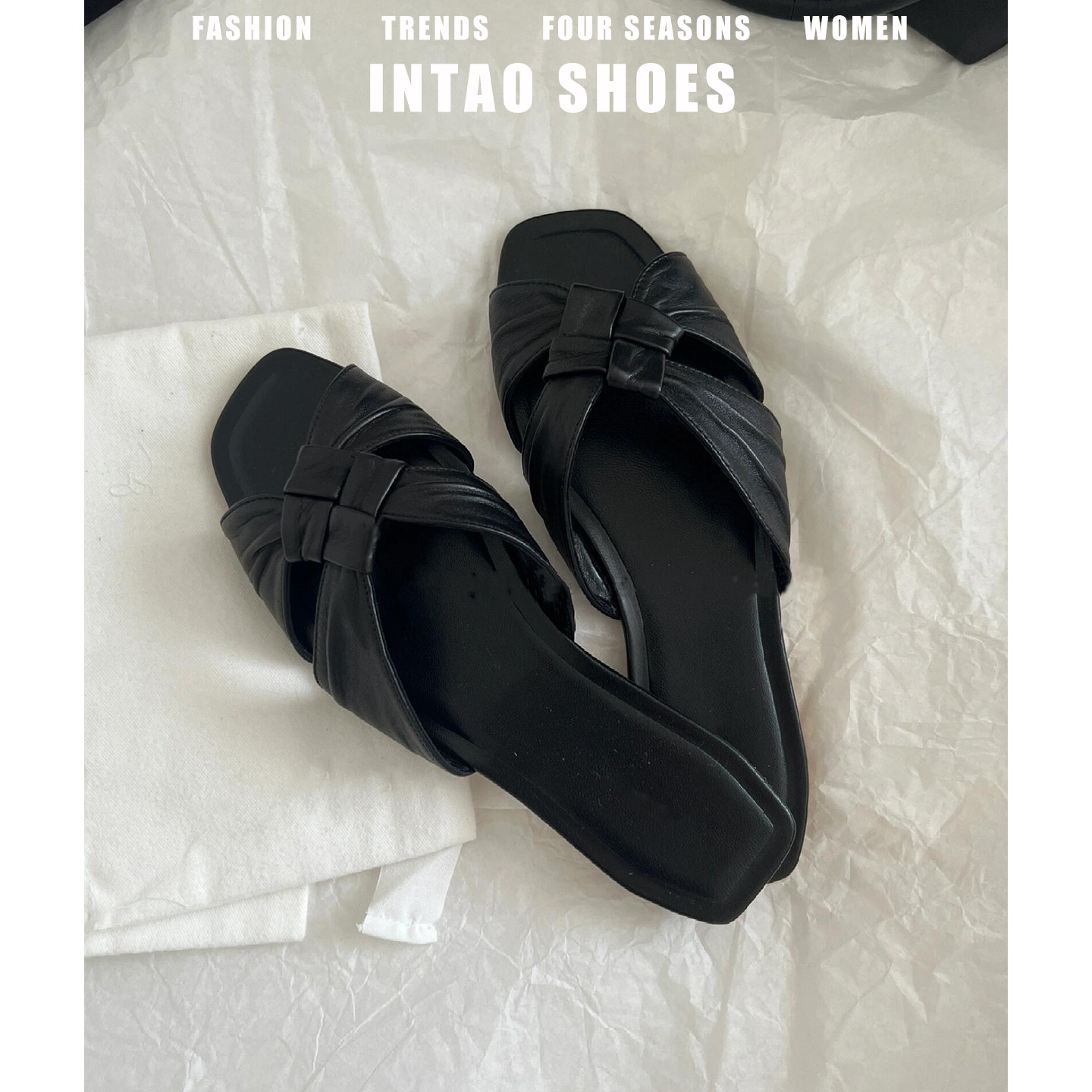 羊皮版~一字黑色露趾平底拖鞋女夏外穿2026年新款法式气质小凉拖