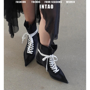 设计感小众黑色尖头高跟短靴女春秋单靴2025秋季新款复古机车靴子