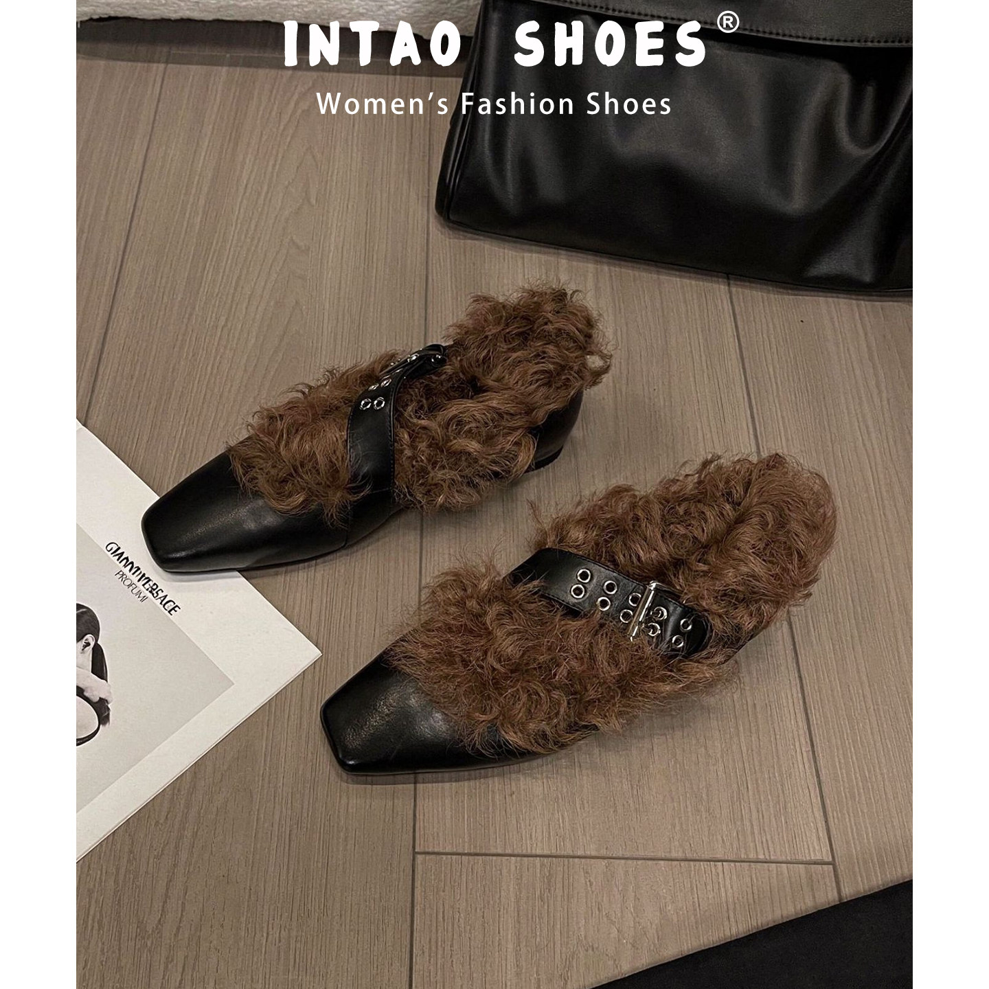 黑色铆钉皮带扣玛丽珍毛毛鞋女