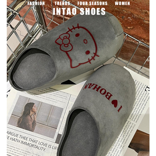 牛皮版~灰色KT猫丑萌大头勃肯鞋女2026春季新款内增高包头半拖鞋