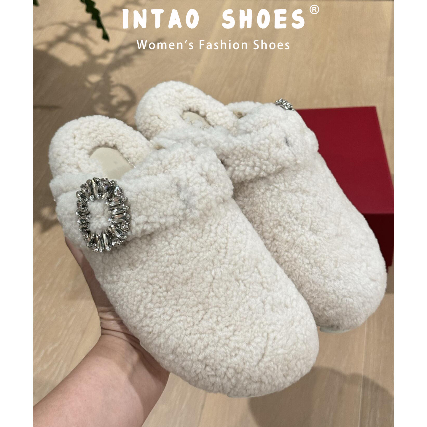 白色水钻包头毛毛鞋女秋冬季