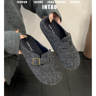 灰色羊毛毡勃肯鞋半拖女2025秋季新款一脚蹬厚底增高包头博肯单鞋