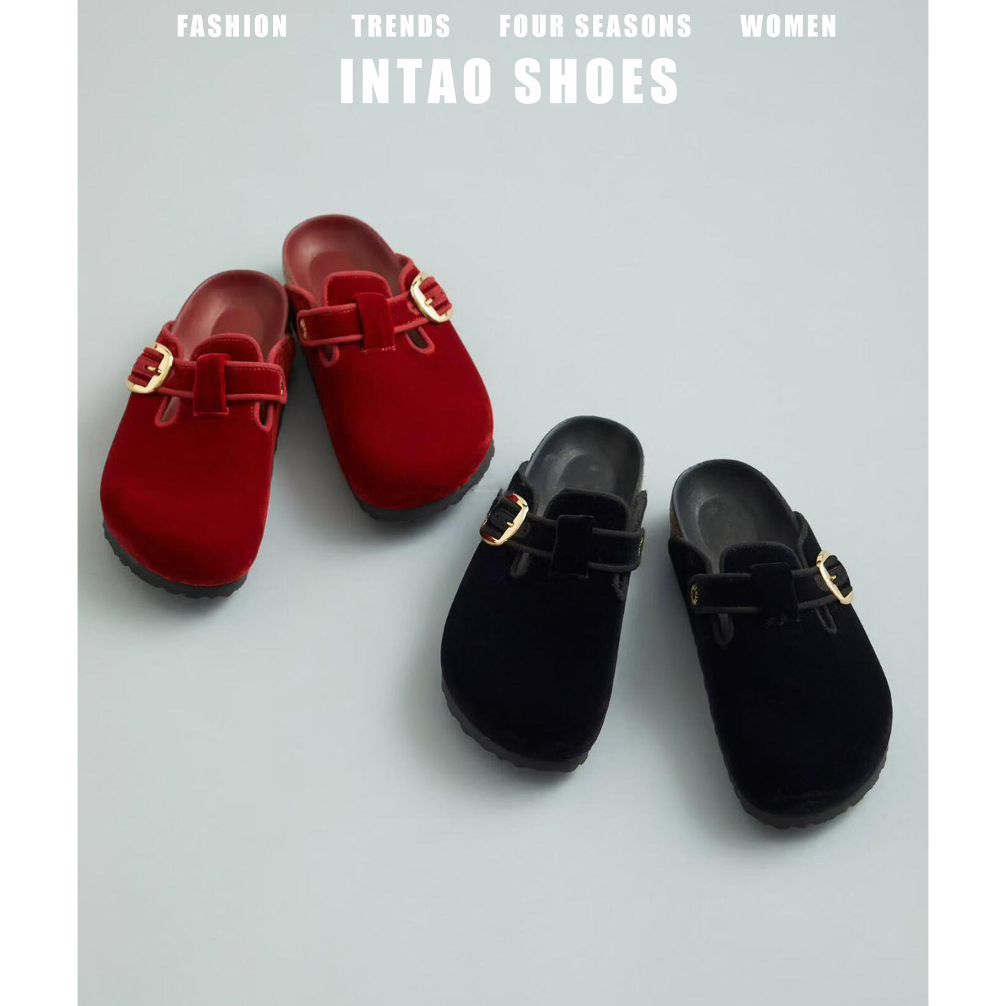 红色丝绒金扣软木勃肯鞋半拖女2026春季新款一脚蹬半包头博肯单鞋