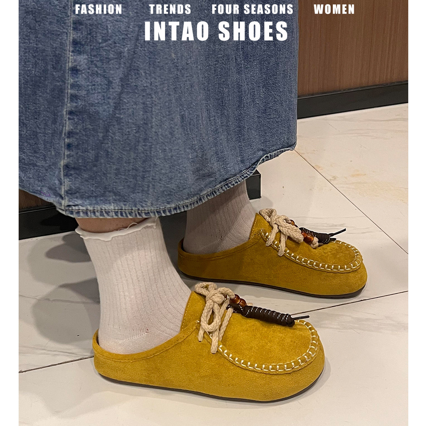 真皮高级感黄色复古串珠勃肯鞋半拖女2026春季新款包头厚底袋鼠鞋