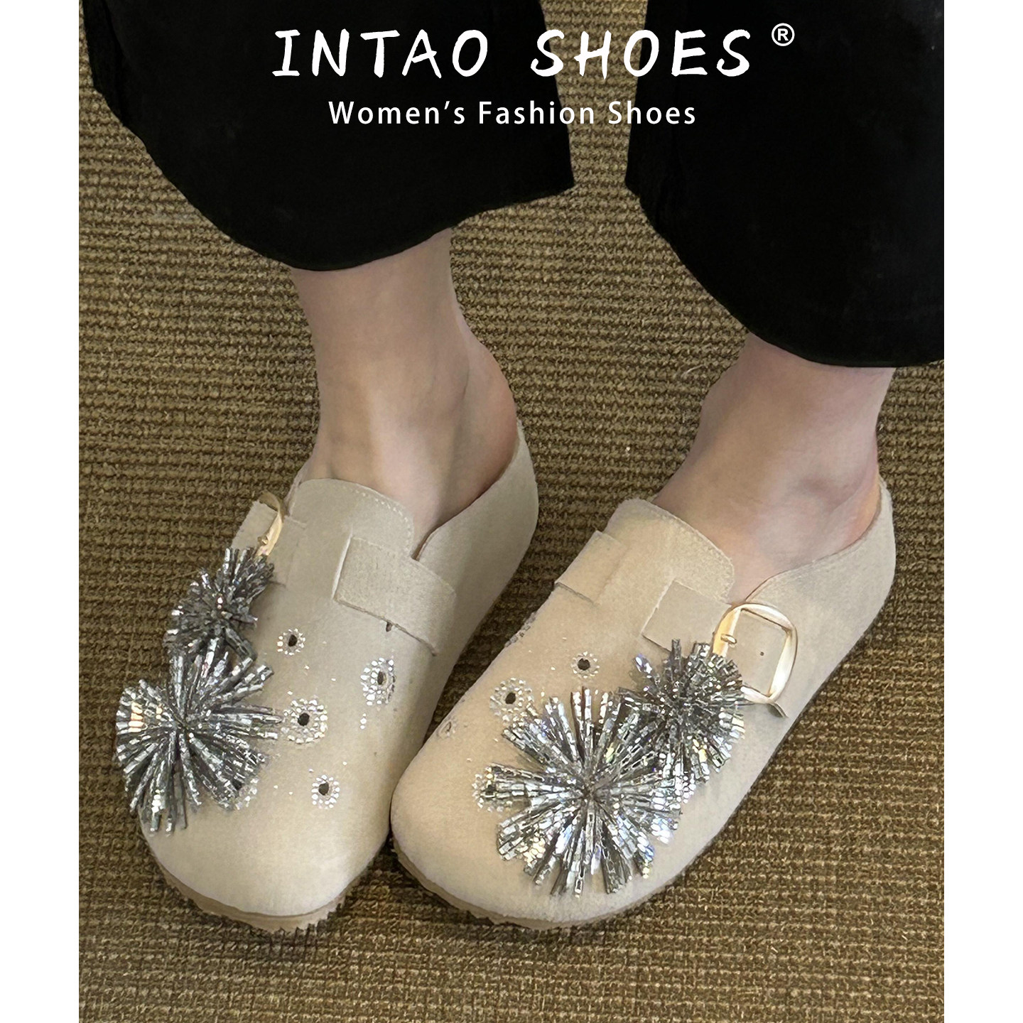 孙怡同款厚底增高洞洞勃肯鞋女夏外穿2026新款水钻烟花包头半拖鞋