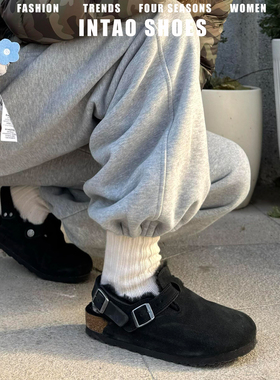 真皮黑色两穿加绒勃肯鞋女外穿时尚2025年冬季新款包头厚底毛毛鞋